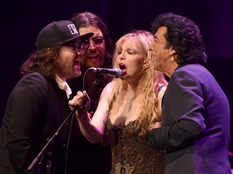 Musicians Kevin Drew, Damon Fox, Courtney Love and Andy Kim perform onstage during the 60th anniversary celebration of Allen Ginsberg's "Howl" Tuesday at the Ace Hotel in Los Angeles. Musicians Kevin Drew, Damon Fox, Courtney Love and Andy Kim perform onstage during the 60th anniversary celebration of Allen Ginsberg's "Howl" Tuesday at the Ace Hotel in Los Angeles.