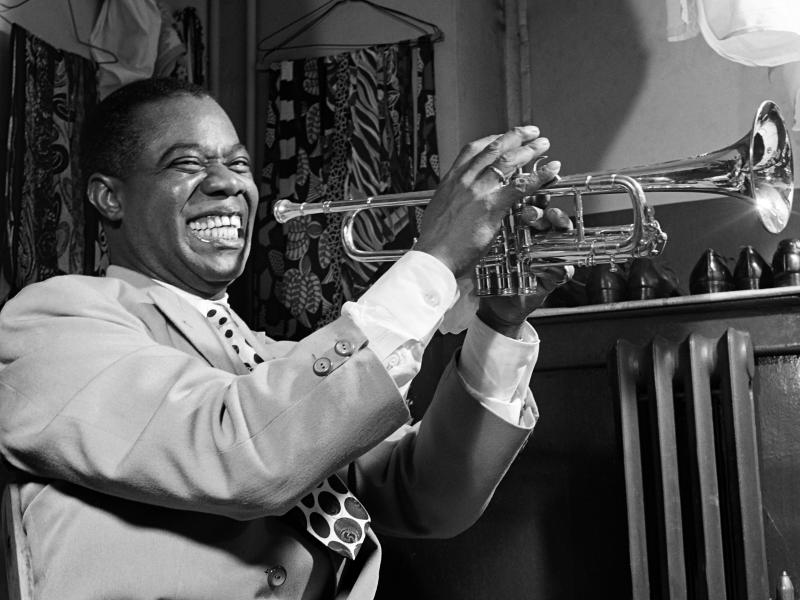 American jazzman Louis Armstrong plays trumpet in his dressing room before a show in 1947 in a New York jazz cabaret. Hurricane Ida destroyed the Karnofsky Shop in New Orleans, which was a formative influence on Armstrong's musical life. American jazzman Louis Armstrong plays trumpet in his dressing room before a show in 1947 in a New York jazz cabaret. Hurricane Ida destroyed the Karnofsky Shop in New Orleans, which was a formative influence on Armstrong's musical life.