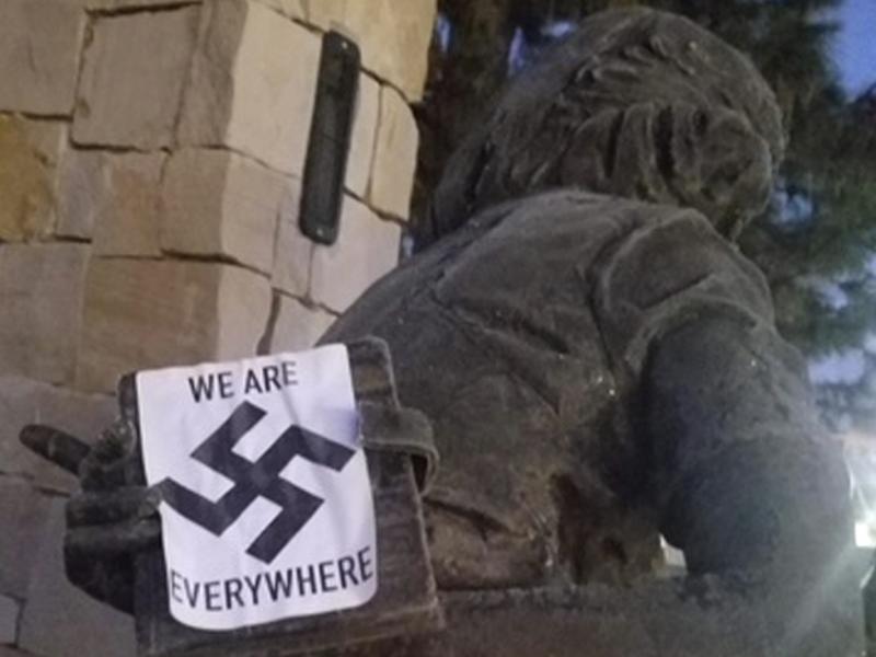 A swastika sticker on a statue at the Idaho Anne Frank Human Rights Memorial in Boise. The vandalism took place sometime between Monday evening and Tuesday morning, Boise police said. A swastika sticker on a statue at the Idaho Anne Frank Human Rights Memorial in Boise. The vandalism took place sometime between Monday evening and Tuesday morning, Boise police said.