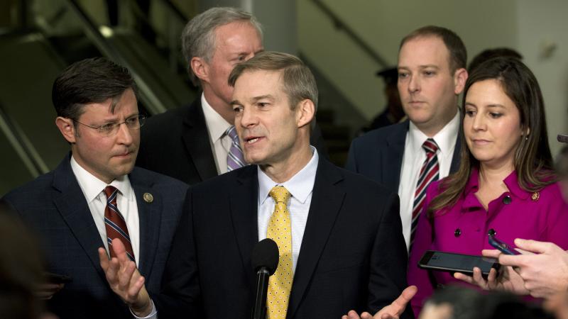 Rep. Jim Jordan, R-Ohio, accompanied by (from left) Rep. Mike Johnson, R-La., Rep. Mark Meadows, R-N.C., Rep. Lee Zeldin, R-N.Y., and Rep. Elise Stefanik, R-N.Y., speak to the media on Capitol Hill about the Senate impeachment trial. Rep. Jim Jordan, R-Ohio, accompanied by (from left) Rep. Mike Johnson, R-La., Rep. Mark Meadows, R-N.C., Rep. Lee Zeldin, R-N.Y., and Rep. Elise Stefanik, R-N.Y., speak to the media on Capitol Hill about the Senate impeachment trial.