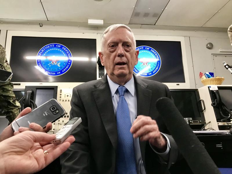 Defense Secretary Jim Mattis speaking to reporters aboard an armored version of a 747 which functions as an airborne command post. Defense Secretary Jim Mattis speaking to reporters aboard an armored version of a 747 which functions as an airborne command post.