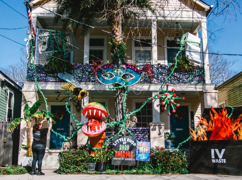 Just because the Mardi Gras parades are canceled, it hasn't stopped people's creativity. The "Little Shop of 2020 Horrors" house float is in the Algiers Point neighborhood of New Orleans. Just because the Mardi Gras parades are canceled, it hasn't stopped people's creativity. The "Little Shop of 2020 Horrors" house float is in the Algiers Point neighborhood of New Orleans.