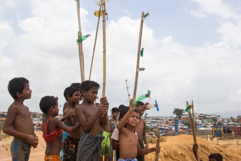 In the Balukhali refugee camp, boys between the ages of seven and 11 play with forfori, homemade toy airplanes. In the Balukhali refugee camp, boys between the ages of seven and 11 play with forfori, homemade toy airplanes.