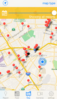 A screen grab from the app VizSafe, where users can report things like fallen branches, potholes, and even water wasters to a geotagged map. A screen grab from the app VizSafe, where users can report things like fallen branches, potholes, and even water wasters to a geotagged map.