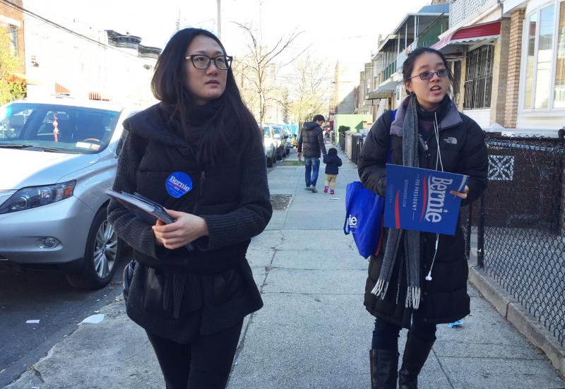 Shiman Shan (left) and Brenda Nguyen canvassed voters for the Bernie Sanders campaign in a New York City neighborhood with a growing Chinese-American community. Shiman Shan (left) and Brenda Nguyen canvassed voters for the Bernie Sanders campaign in a New York City neighborhood with a growing Chinese-American community.
