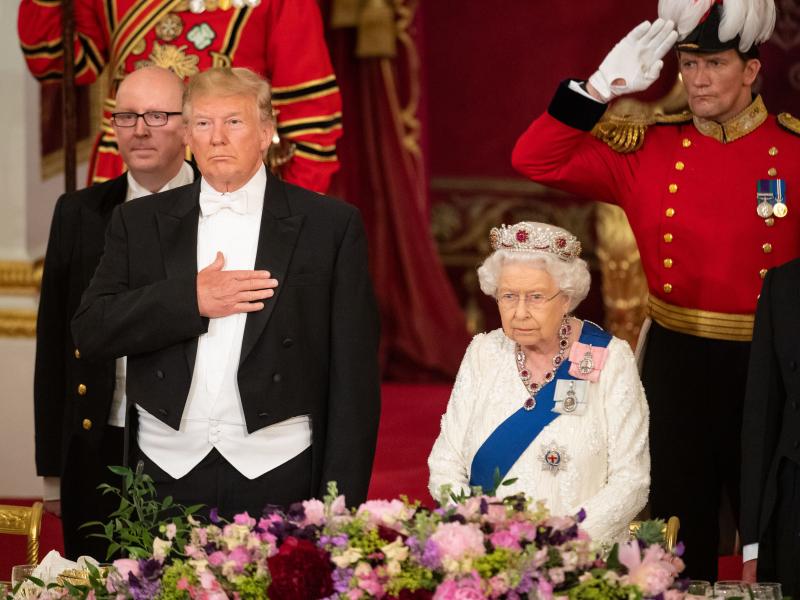 Britain's Queen Elizabeth II hosts President Trump for a state banquet in the ballroom at Buckingham Palace in London on Monday, the first day of the U.S. president and first lady's three-day state visit to the U.K. Britain's Queen Elizabeth II hosts President Trump for a state banquet in the ballroom at Buckingham Palace in London on Monday, the first day of the U.S. president and first lady's three-day state visit to the U.K.