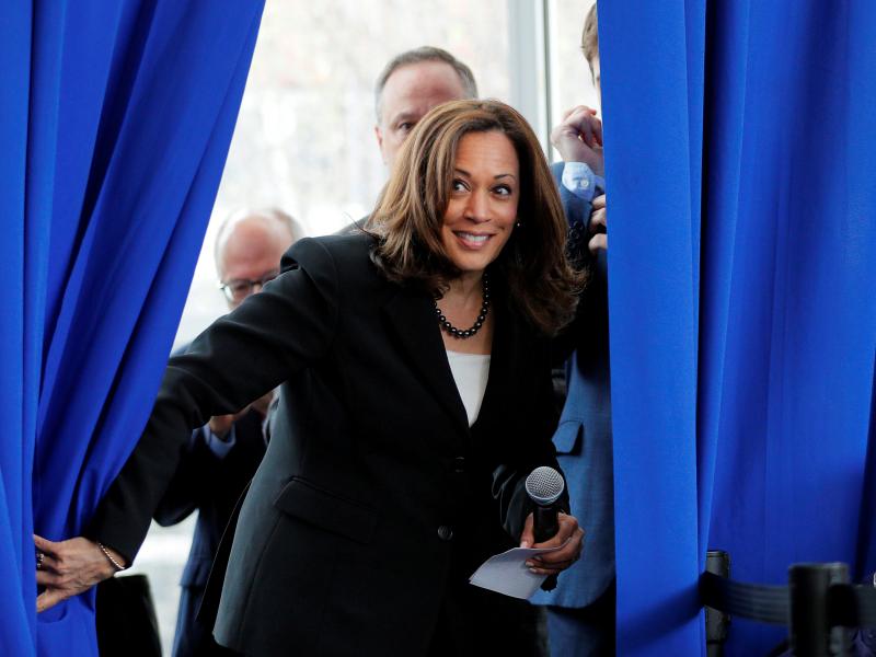 Sen. Kamala Harris, D-Calif., takes the stage at a campaign stop at Keene State College in Keene, N.H., in April 2019. Sen. Kamala Harris, D-Calif., takes the stage at a campaign stop at Keene State College in Keene, N.H., in April 2019.