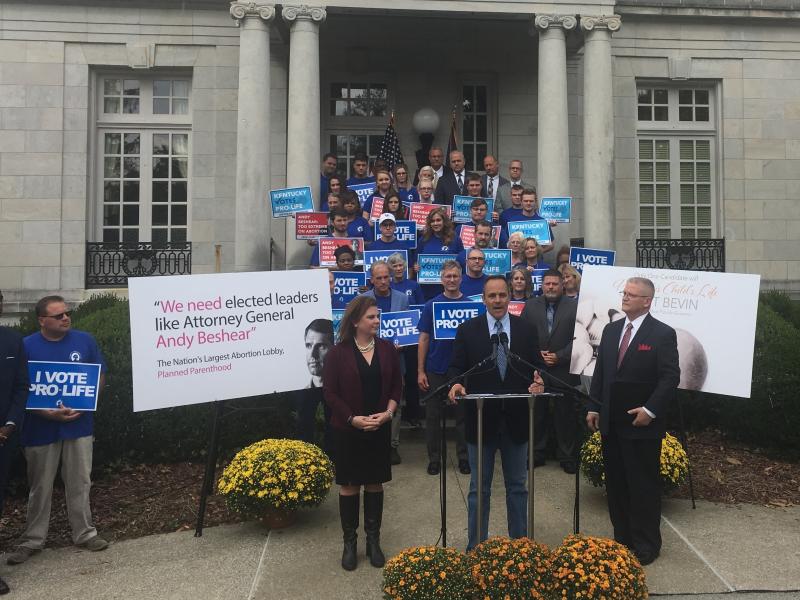Republican Gov. Matt Bevin campaigns outside the governor's mansion in Frankfort, Ky., with anti-abortion-rights activists. Bevin has been a consistent and vocal opponent of abortion rights in Kentucky. Republican Gov. Matt Bevin campaigns outside the governor's mansion in Frankfort, Ky., with anti-abortion-rights activists. Bevin has been a consistent and vocal opponent of abortion rights in Kentucky.