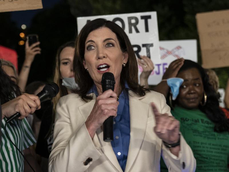 Democratic Gov. Kathy Hochul speaks as hundreds protesters gathered on June 24 in Union Square in New York City, N.Y., to protest against the U.S. Supreme Court decision overturning Roe v. Wade. Democratic Gov. Kathy Hochul speaks as hundreds protesters gathered on June 24 in Union Square in New York City, N.Y., to protest against the U.S. Supreme Court decision overturning Roe v. Wade.
