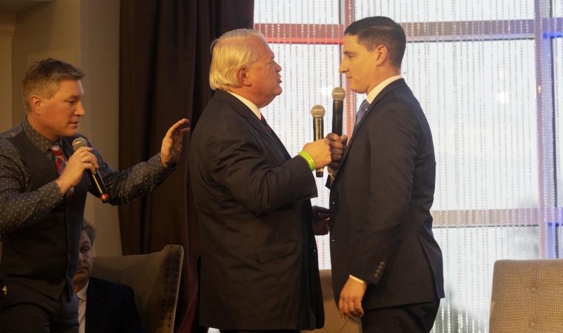 Ohio Republican U.S. Senate candidates Mike Gibbons (left) and Josh Mandel exchange heated words at a forum put on by FreedomWorks on March 18 outside of Columbus. The two have polled atop the contested GOP primary. Ohio Republican U.S. Senate candidates Mike Gibbons (left) and Josh Mandel exchange heated words at a forum put on by FreedomWorks on March 18 outside of Columbus. The two have polled atop the contested GOP primary.
