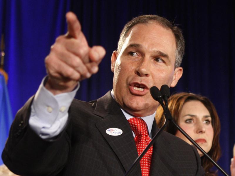 Scott Pruitt speaks on election night 2010, after his successful campaign for Oklahoma attorney general. When Pruitt assumed office, he also took control of the state's case against the poultry industry. Scott Pruitt speaks on election night 2010, after his successful campaign for Oklahoma attorney general. When Pruitt assumed office, he also took control of the state's case against the poultry industry.
