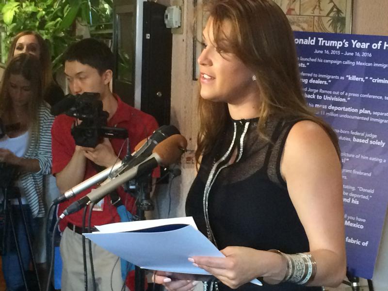 Former Miss Universe Alicia Machado speaks to reporters during a June press conference. Trump criticized her weight in the 1990s, and again after Monday's presidential debate. Former Miss Universe Alicia Machado speaks to reporters during a June press conference. Trump criticized her weight in the 1990s, and again after Monday's presidential debate.