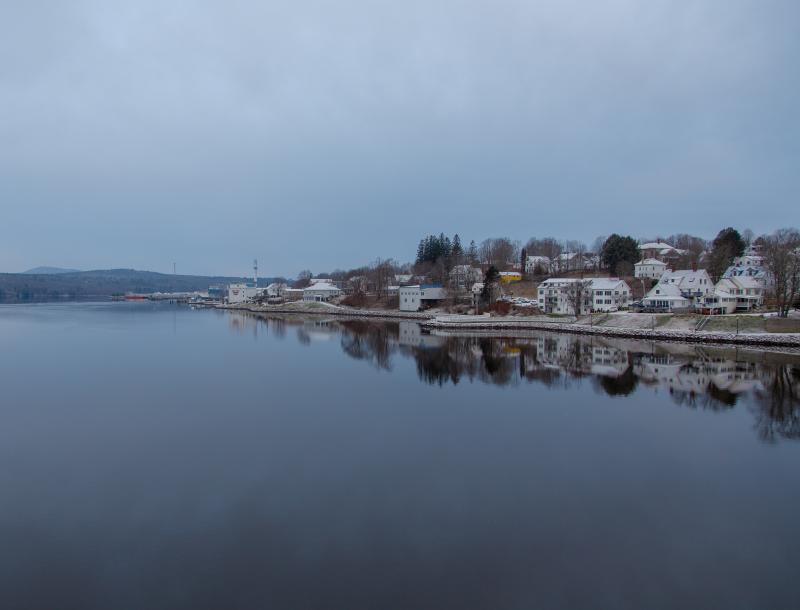 In Bucksport, Maine, the smokestack of a closed mill can be seen in this waterfront view along the Penobscot River. In Bucksport, Maine, the smokestack of a closed mill can be seen in this waterfront view along the Penobscot River.