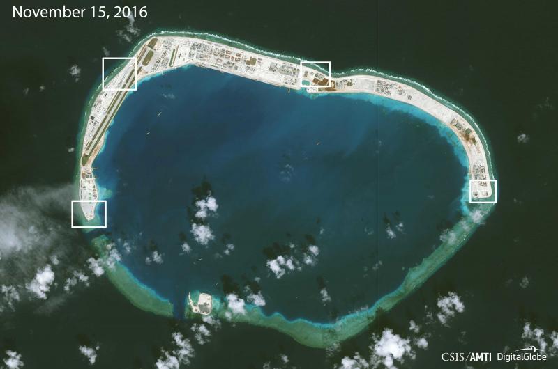 Highlighting new areas of Chinese construction on Mischief Reef, a monitoring group says that in addition to an airstrip, the artificial island will likely be outfitted with large anti-aircraft guns and a cruise missile defense system. Highlighting new areas of Chinese construction on Mischief Reef, a monitoring group says that in addition to an airstrip, the artificial island will likely be outfitted with large anti-aircraft guns and a cruise missile defense system.