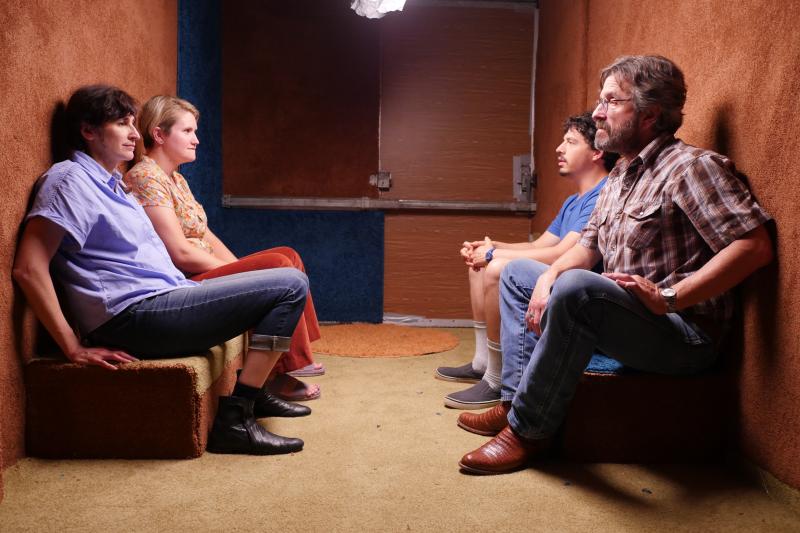 L to R: Mary (Michaela Watkins), Cynthia (Jillian Bell), Nathaniel (Jon Bass) and Mel (Marc Maron) get taken to a second location in Sword of Trust. L to R: Mary (Michaela Watkins), Cynthia (Jillian Bell), Nathaniel (Jon Bass) and Mel (Marc Maron) get taken to a second location in Sword of Trust.
