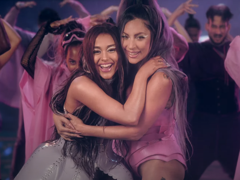 Ariana Grande and Lady Gaga in the video for "Rain On Me." Ariana Grande and Lady Gaga in the video for "Rain On Me."