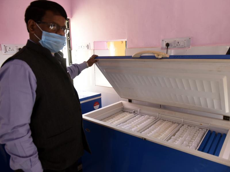 A box for COVID-19 vaccine storage in Aishbagh, an area in Lucknow, India, on Tuesday. India, a country of 1.4 billion people, is preparing to launch what will likely be the world's largest immunization drive to combat the coronavirus. A box for COVID-19 vaccine storage in Aishbagh, an area in Lucknow, India, on Tuesday. India, a country of 1.4 billion people, is preparing to launch what will likely be the world's largest immunization drive to combat the coronavirus.