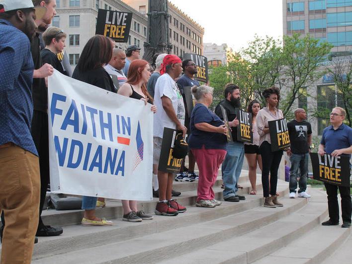 A crowd of faith-based progressive activists rally in Indianapolis. The religious left in Indiana are working to make inroads in the state legislature, long-dominated by conservative Republicans. A crowd of faith-based progressive activists rally in Indianapolis. The religious left in Indiana are working to make inroads in the state legislature, long-dominated by conservative Republicans.
