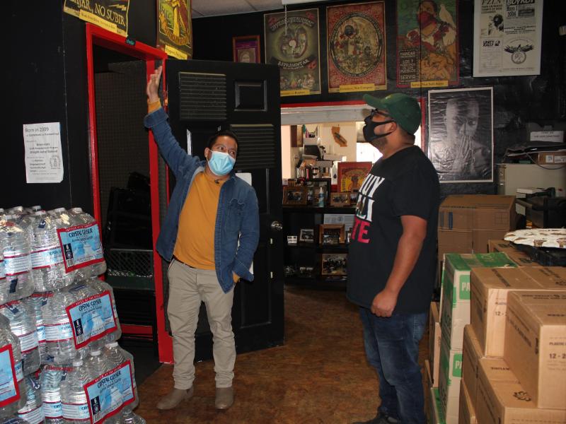 Radio B'alam founders Henry Sales and Crecensio Ramirez check out Radio B'alam's sound booth at Homies Empowerment the day before the shows first broadcast, December 2020. Radio B'alam founders Henry Sales and Crecensio Ramirez check out Radio B'alam's sound booth at Homies Empowerment the day before the shows first broadcast, December 2020.