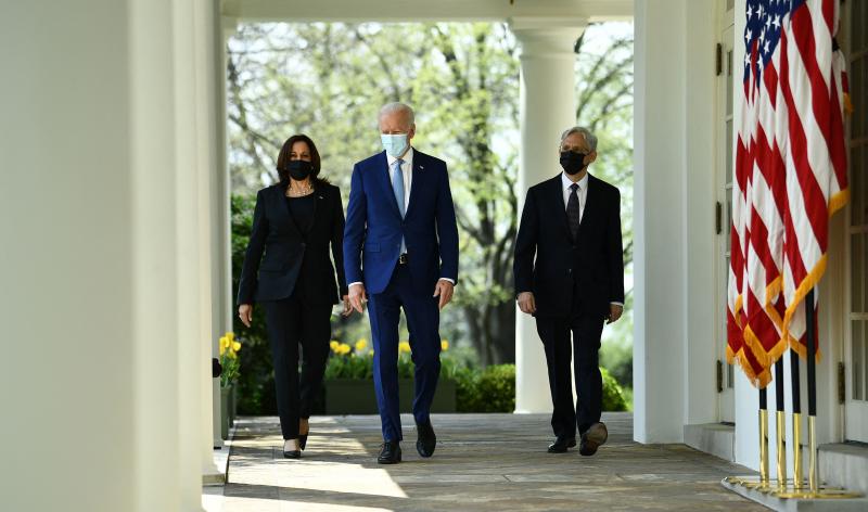 Vice President Harris, President Biden and Attorney General Merrick Garland arrive Thursday at the White House Rose Garden to speak about gun violence prevention. Vice President Harris, President Biden and Attorney General Merrick Garland arrive Thursday at the White House Rose Garden to speak about gun violence prevention.