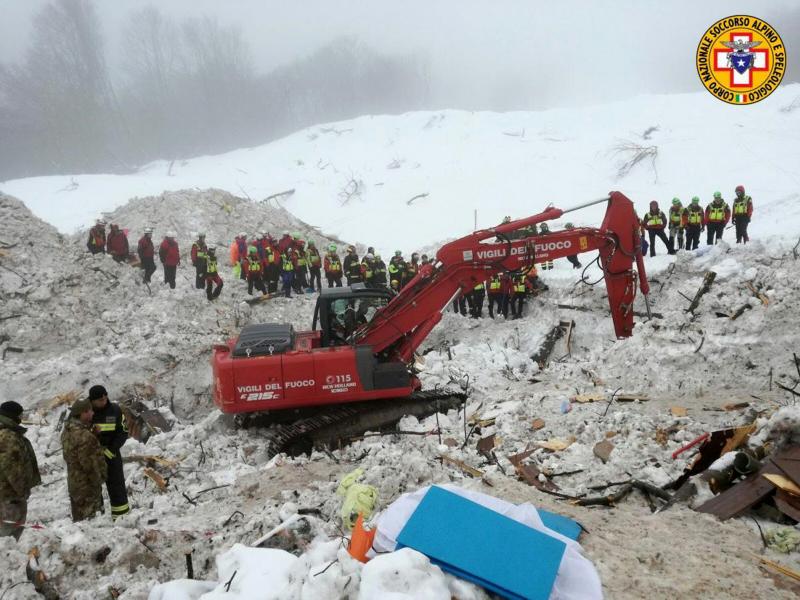 An excavator works at the site of the avalanche-buried Hotel Rigopiano, near Farindola, Italy. An excavator works at the site of the avalanche-buried Hotel Rigopiano, near Farindola, Italy.