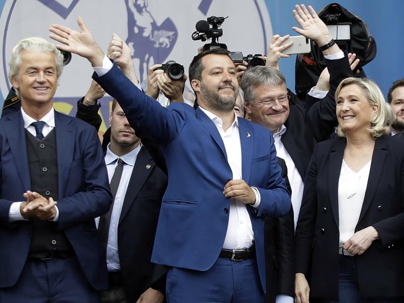 Matteo Salvini (center), flanked by European nationalist leaders, attends a rally ahead of the May 23-26 European parliamentary elections, in Milan on Saturday. Matteo Salvini (center), flanked by European nationalist leaders, attends a rally ahead of the May 23-26 European parliamentary elections, in Milan on Saturday.