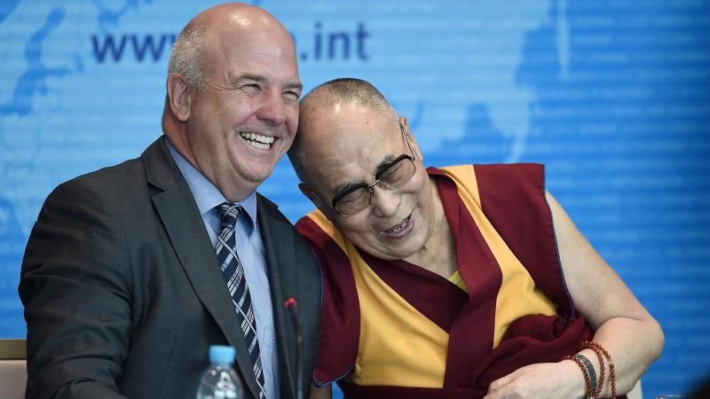 Outgoing European human rights Commissioner Nils Muiznieks (L) shares a joke with the Dalai Lama at the Council of Europe in Strasbourg, France, in 2016. Outgoing European human rights Commissioner Nils Muiznieks (L) shares a joke with the Dalai Lama at the Council of Europe in Strasbourg, France, in 2016.