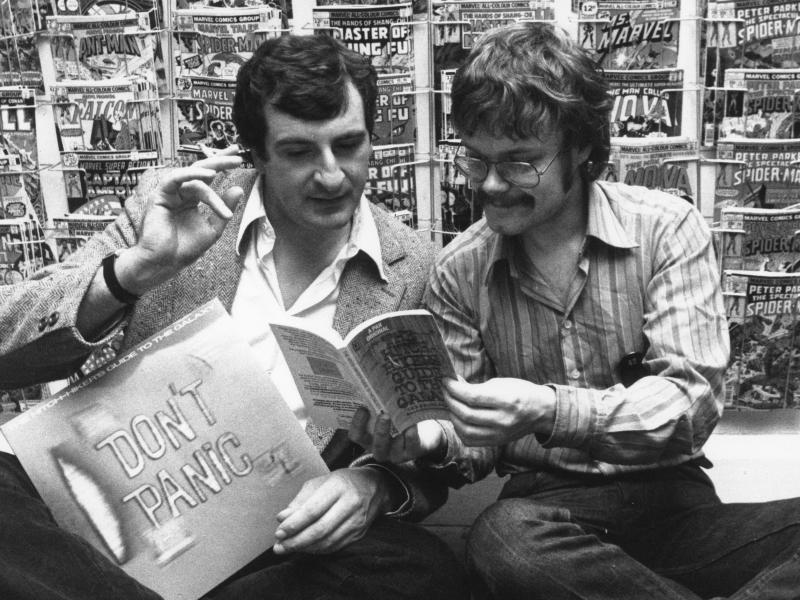 British author Douglas Adams, left, and Nick Landau read Adams' book The Hitchhiker's Guide To The Galaxy in October 1979. British author Douglas Adams, left, and Nick Landau read Adams' book The Hitchhiker's Guide To The Galaxy in October 1979.