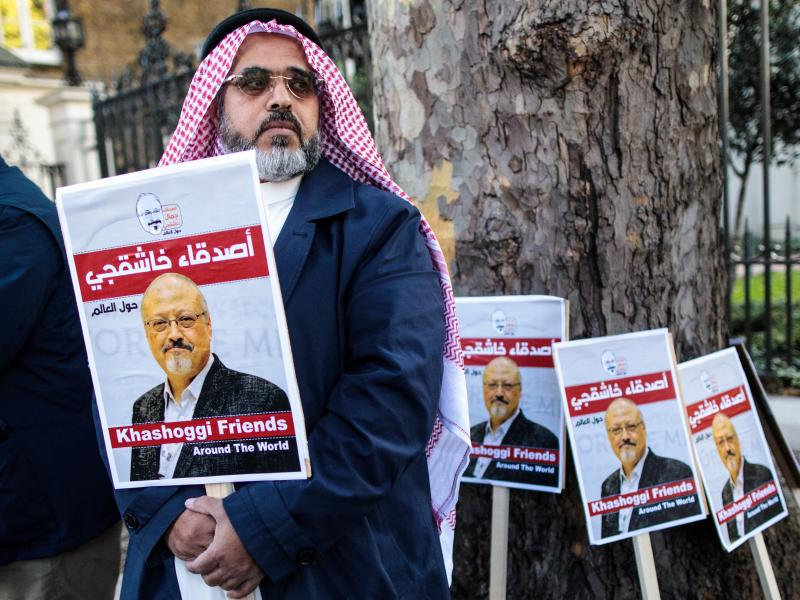 Jamal Khashoggi's fiancee and others will speak about his life and legacy on Friday, one month after he was killed in Saudi Arabia's consulate in Istanbul. Here, a protester holds a placard showing solidarity for Khashoggi during a demonstration outside t Jamal Khashoggi's fiancee and others will speak about his life and legacy on Friday, one month after he was killed in Saudi Arabia's consulate in Istanbul. Here, a protester holds a placard showing solidarity for Khashoggi during a demonstration outside t