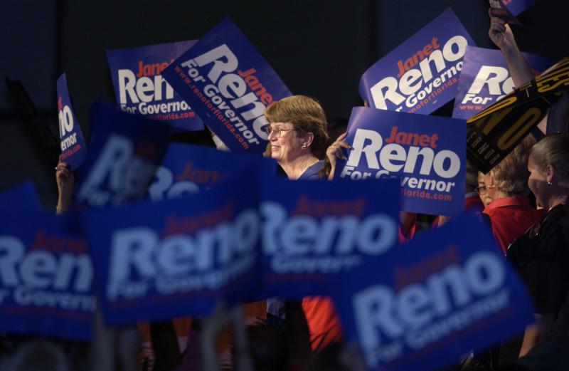 Florida gubernatorial candidate and former U.S. Attorney General Janet Reno speaks at the Florida Democratic Party State Conference on April 13, 2002, in Lake Buena Vista, Fla. She lost the Democratic primary. Florida gubernatorial candidate and former U.S. Attorney General Janet Reno speaks at the Florida Democratic Party State Conference on April 13, 2002, in Lake Buena Vista, Fla. She lost the Democratic primary.