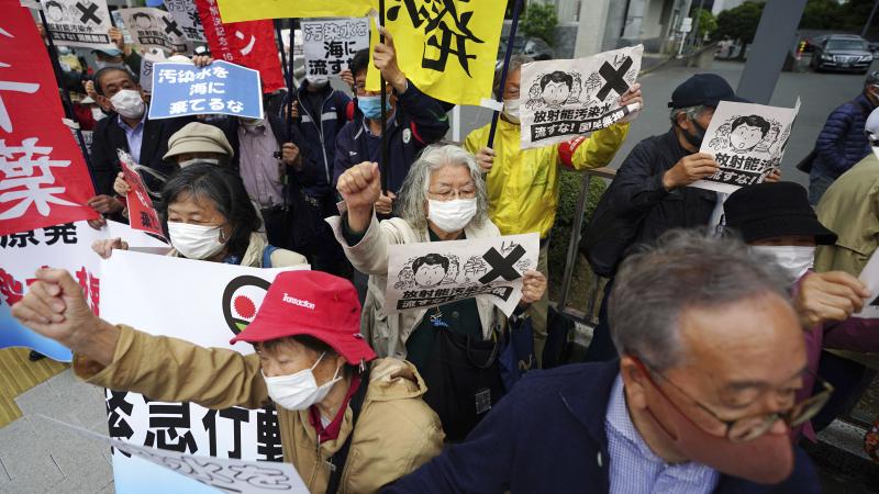 People in Tokyo protest a decision to start releasing into the ocean massive amounts of treated wastewater from the Fukushima nuclear plant. The plant was damaged in a 2011 earthquake and tsunami. People in Tokyo protest a decision to start releasing into the ocean massive amounts of treated wastewater from the Fukushima nuclear plant. The plant was damaged in a 2011 earthquake and tsunami.