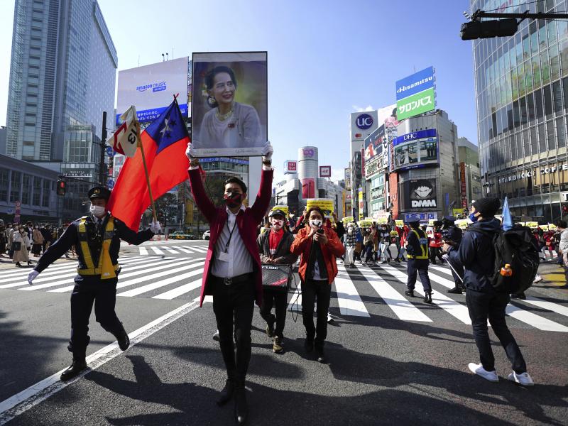 Myanmar people and supporters march during on Feb. 14 in Tokyo to protest the military coup. Myanmar people and supporters march during on Feb. 14 in Tokyo to protest the military coup.