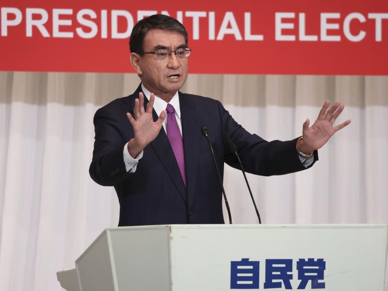 Taro Kono, a candidate of the ruling Liberal Democratic Party and currently the minister in charge of vaccinations, delivers a speech in Tokyo on Sept. 17. Taro Kono, a candidate of the ruling Liberal Democratic Party and currently the minister in charge of vaccinations, delivers a speech in Tokyo on Sept. 17.
