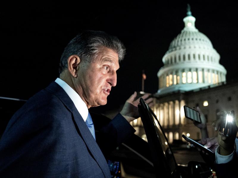 Sen. Joe Manchin, a Democrat from West Virginia, speaks to members of the media while departing the U.S. Capitol on Oct. 7. Manchin has reportedly told the White House that he opposes the key climate measure in Biden's multitrillion-dollar climate and soc Sen. Joe Manchin, a Democrat from West Virginia, speaks to members of the media while departing the U.S. Capitol on Oct. 7. Manchin has reportedly told the White House that he opposes the key climate measure in Biden's multitrillion-dollar climate and soc