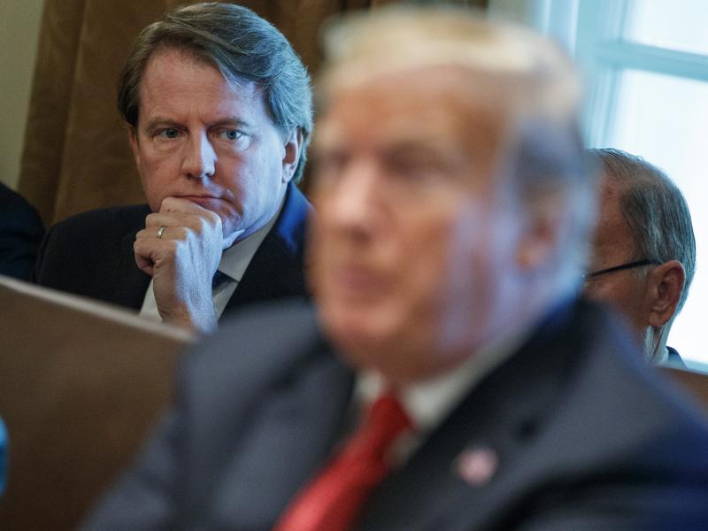 Then-White House counsel Don McGahn looks on as President Trump speaks during a Cabinet meeting in October 2018. McGahn is now barred from talking to Congress, the White House says. Then-White House counsel Don McGahn looks on as President Trump speaks during a Cabinet meeting in October 2018. McGahn is now barred from talking to Congress, the White House says.