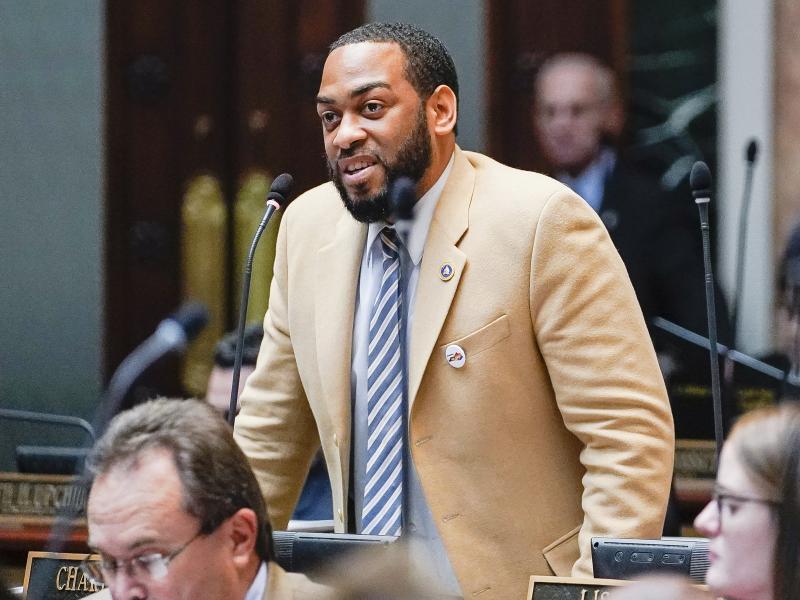 Kentucky Democratic State Sen. Charles Booker advocates for the passage of Kentucky HB-12 on the floor of the House of Representatives in the State Capitol, Frankfort, Ky., on Feb. 19, 2020. Kentucky Democratic State Sen. Charles Booker advocates for the passage of Kentucky HB-12 on the floor of the House of Representatives in the State Capitol, Frankfort, Ky., on Feb. 19, 2020.