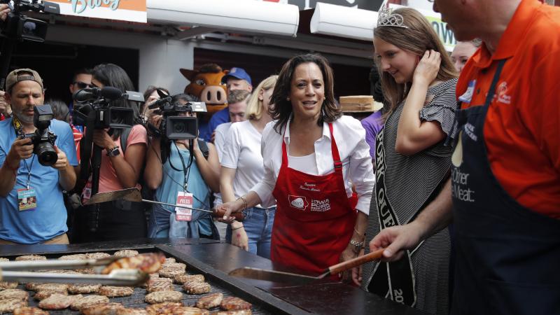 Democratic presidential candidate Kamala Harris flips pork chops at the Iowa State Fair on Saturday. She came to the fair intent on proving she's a top-tier contender. Democratic presidential candidate Kamala Harris flips pork chops at the Iowa State Fair on Saturday. She came to the fair intent on proving she's a top-tier contender.