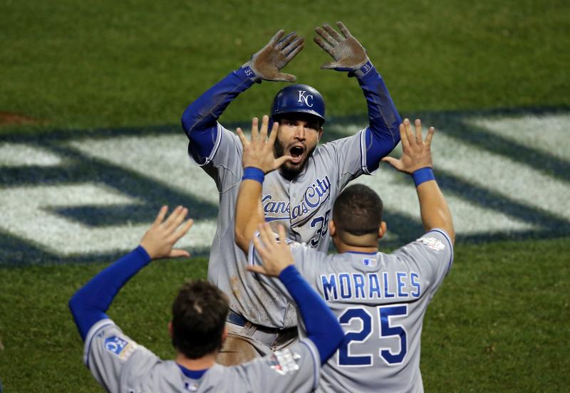 Eric Hosmer of the Kansas City Royals celebrates with his teammates after scoring a run to tie the game in the ninth inning against the New York Mets during Game 5 of the 2015 World Series. Eric Hosmer of the Kansas City Royals celebrates with his teammates after scoring a run to tie the game in the ninth inning against the New York Mets during Game 5 of the 2015 World Series.