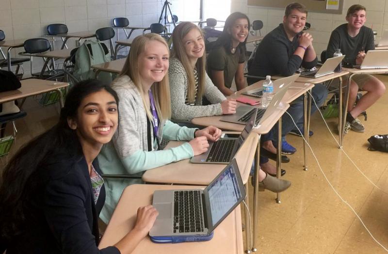 Students Gina Mathew (from left), Kali Poenitske, Maddie Baden, Trina Paul, Connor Balthazor and Patrick Sullivan at Pittsburg High School in Pittsburg, Kan. When reporters for the student newspaper there dug into the credentials offered by their new prin Students Gina Mathew (from left), Kali Poenitske, Maddie Baden, Trina Paul, Connor Balthazor and Patrick Sullivan at Pittsburg High School in Pittsburg, Kan. When reporters for the student newspaper there dug into the credentials offered by their new prin