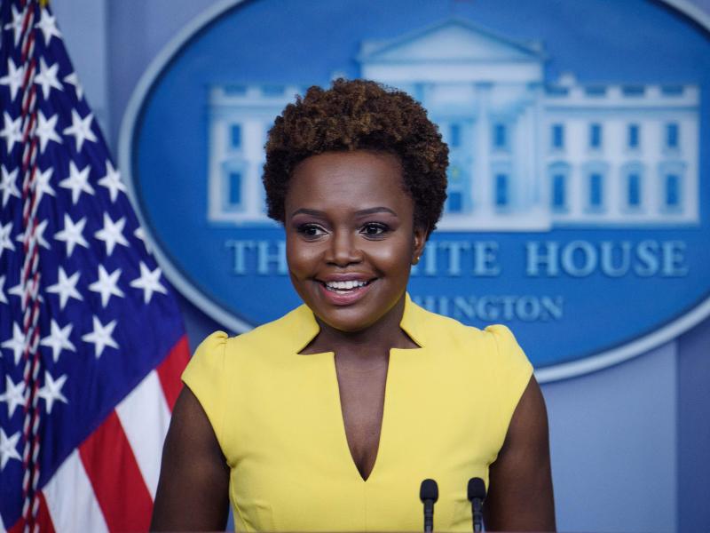 White House principal deputy press secretary Karine Jean-Pierre arrives for the press briefing Wednesday. "I believe being behind this podium, being in this room, being in this building, is not about one person," she said of the historic nature of her tur White House principal deputy press secretary Karine Jean-Pierre arrives for the press briefing Wednesday. "I believe being behind this podium, being in this room, being in this building, is not about one person," she said of the historic nature of her tur