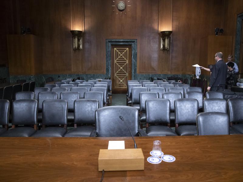 The Senate Judiciary Committee hearing room is prepared for Thursday's planned testimony from Christine Blasey Ford and Judge Brett Kavanaugh. The Senate Judiciary Committee hearing room is prepared for Thursday's planned testimony from Christine Blasey Ford and Judge Brett Kavanaugh.