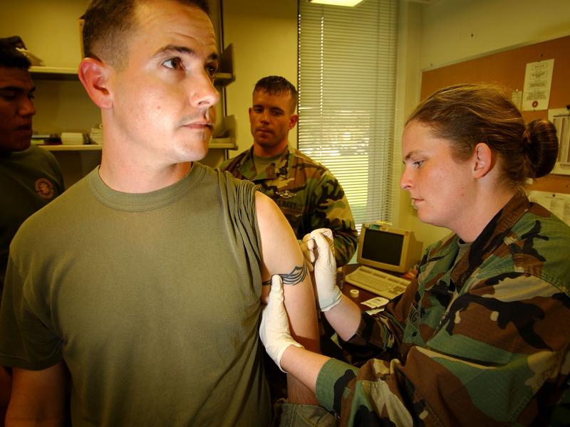 U.S. Marine Sgt. Robert Scoggin gets a vaccination against smallpox in 2003 at Camp Pendleton in California — one of the final steps before deployment overseas. U.S. Marine Sgt. Robert Scoggin gets a vaccination against smallpox in 2003 at Camp Pendleton in California — one of the final steps before deployment overseas.