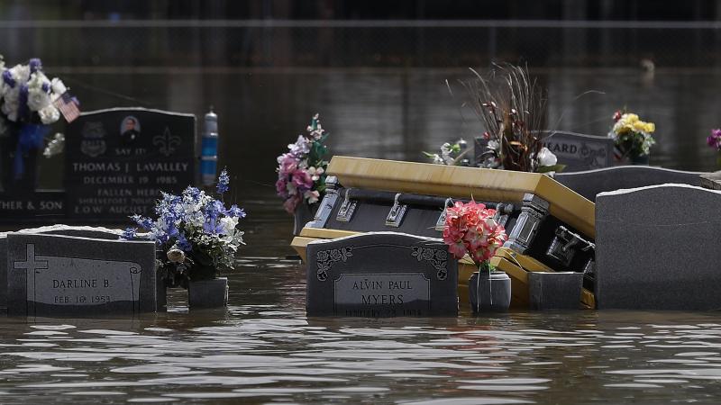 A coffin is seen in a flooded cemetery in August in Sorrento, La. A coffin is seen in a flooded cemetery in August in Sorrento, La.