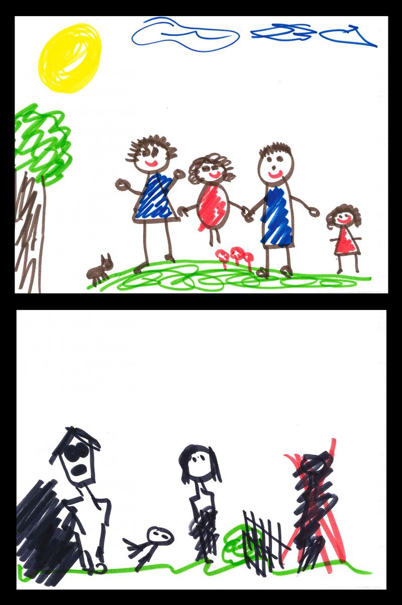 Examples of a family drawing assessment: A drawing from a child scored with minimal indicators of family dysfunction (top), and one from a child scored with elevated levels of family dysfunction (bottom). Examples of a family drawing assessment: A drawing from a child scored with minimal indicators of family dysfunction (top), and one from a child scored with elevated levels of family dysfunction (bottom).