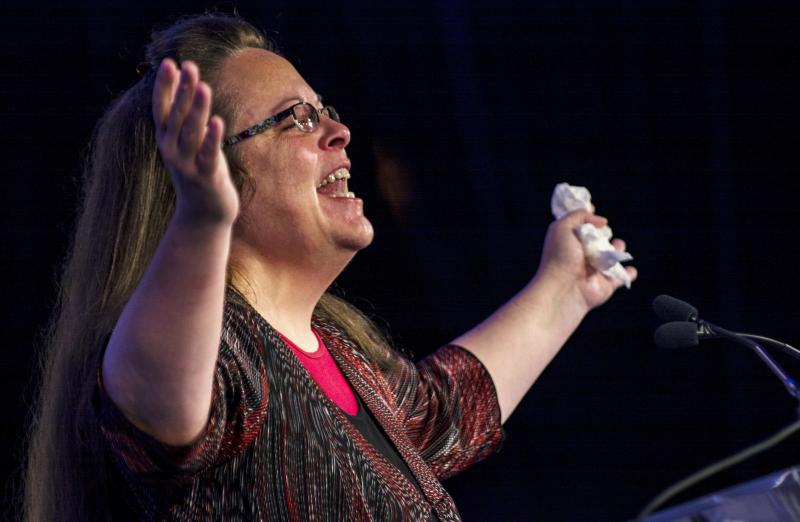 Kentucky's Rowan County Clerk Kim Davis speaks after receiving the "Cost of Discipleship" award at a Family Research Council conference last week in Washington, D.C. Kentucky's Rowan County Clerk Kim Davis speaks after receiving the "Cost of Discipleship" award at a Family Research Council conference last week in Washington, D.C.