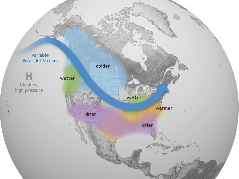This Climate.gov graphic shows how La Niña generally affects weather conditions in the United States. Forecasters say there's a nearly 90% chance that La Niña conditions will be in place from December 2021 to February 2022. This Climate.gov graphic shows how La Niña generally affects weather conditions in the United States. Forecasters say there's a nearly 90% chance that La Niña conditions will be in place from December 2021 to February 2022.