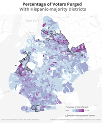 Percentage of voters dropped from the rolls in majority-Hispanic districts. Percentage of voters dropped from the rolls in majority-Hispanic districts.