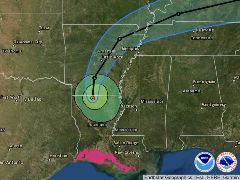 "On the forecast track, the center of Laura is forecast to move over Arkansas tonight, the mid-Mississippi Valley on Friday, and the mid-Atlantic states on Saturday," the National Hurricane Center says. "On the forecast track, the center of Laura is forecast to move over Arkansas tonight, the mid-Mississippi Valley on Friday, and the mid-Atlantic states on Saturday," the National Hurricane Center says.