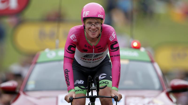 Lawson Craddock is seen finishing the individual time trial on Saturday, assuring his ability to finish the Tour de France in Paris on the next day. Lawson Craddock is seen finishing the individual time trial on Saturday, assuring his ability to finish the Tour de France in Paris on the next day.