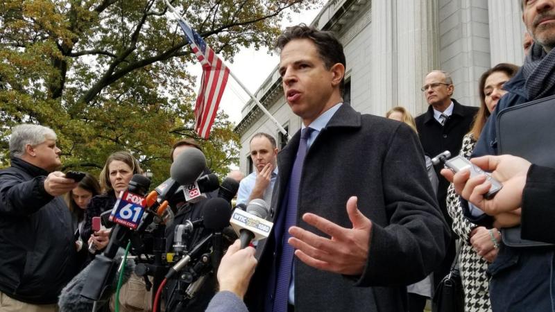 Josh Koskoff, a lawyer representing the families of Sandy Hook shooting victims, speaks outside the Connecticut Supreme Court in this file photo from 2017. Josh Koskoff, a lawyer representing the families of Sandy Hook shooting victims, speaks outside the Connecticut Supreme Court in this file photo from 2017.
